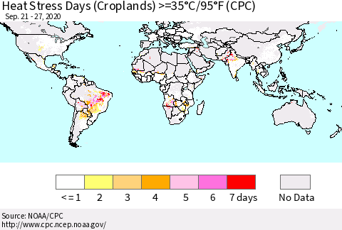 World Heat Stress Days (Croplands) >=35°C/95°F (CPC) Thematic Map For 9/21/2020 - 9/27/2020