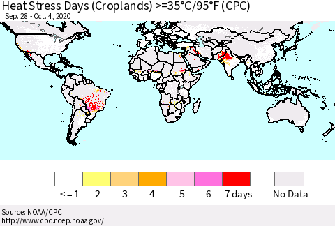 World Heat Stress Days (Croplands) >=35°C/95°F (CPC) Thematic Map For 9/28/2020 - 10/4/2020