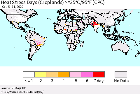 World Heat Stress Days (Croplands) >=35°C/95°F (CPC) Thematic Map For 10/5/2020 - 10/11/2020
