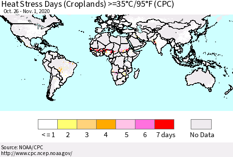 World Heat Stress Days (Croplands) >=35°C/95°F (CPC) Thematic Map For 10/26/2020 - 11/1/2020