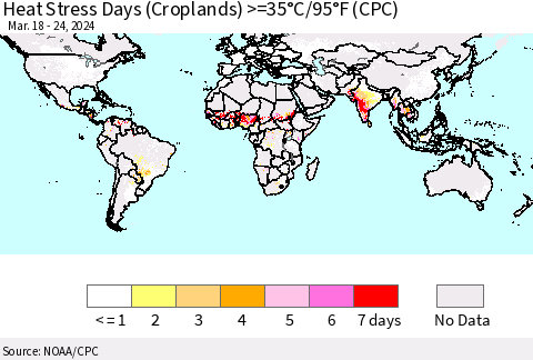 World Heat Stress Days (Croplands) >=35°C/95°F (CPC) Thematic Map For 3/18/2024 - 3/24/2024