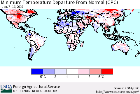 World Mean Minimum Temperature Departure from Normal (CPC) Thematic Map For 1/7/2019 - 1/13/2019
