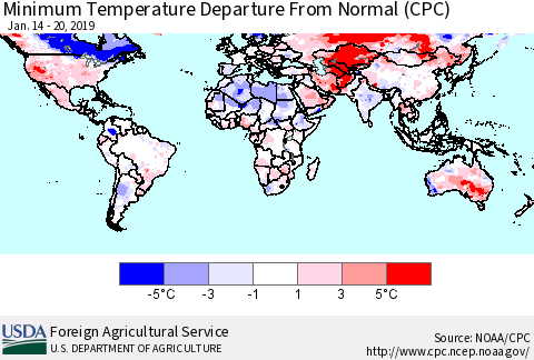 World Mean Minimum Temperature Departure from Normal (CPC) Thematic Map For 1/14/2019 - 1/20/2019
