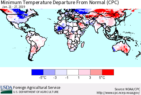 World Mean Minimum Temperature Departure from Normal (CPC) Thematic Map For 1/21/2019 - 1/27/2019