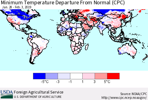 World Mean Minimum Temperature Departure from Normal (CPC) Thematic Map For 1/28/2019 - 2/3/2019