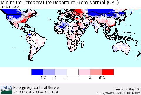 World Mean Minimum Temperature Departure from Normal (CPC) Thematic Map For 2/4/2019 - 2/10/2019