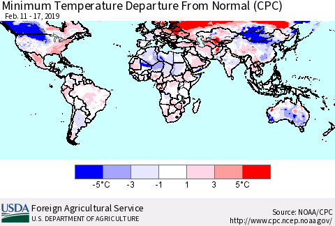 World Mean Minimum Temperature Departure from Normal (CPC) Thematic Map For 2/11/2019 - 2/17/2019