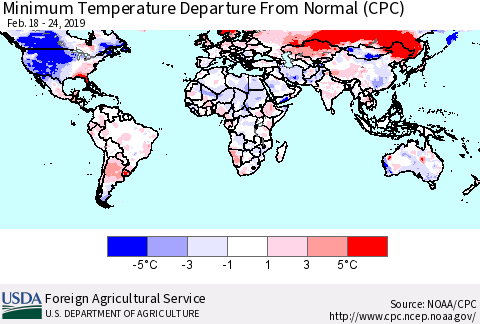World Mean Minimum Temperature Departure from Normal (CPC) Thematic Map For 2/18/2019 - 2/24/2019