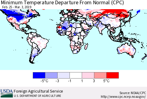 World Mean Minimum Temperature Departure from Normal (CPC) Thematic Map For 2/25/2019 - 3/3/2019