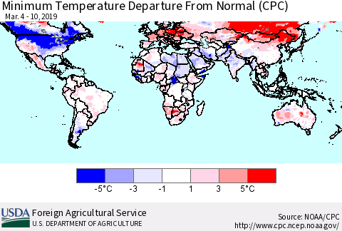 World Mean Minimum Temperature Departure from Normal (CPC) Thematic Map For 3/4/2019 - 3/10/2019