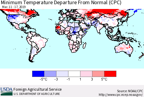 World Mean Minimum Temperature Departure from Normal (CPC) Thematic Map For 3/11/2019 - 3/17/2019