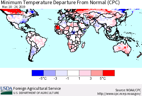 World Mean Minimum Temperature Departure from Normal (CPC) Thematic Map For 3/18/2019 - 3/24/2019