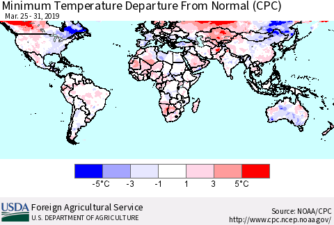 World Mean Minimum Temperature Departure from Normal (CPC) Thematic Map For 3/25/2019 - 3/31/2019