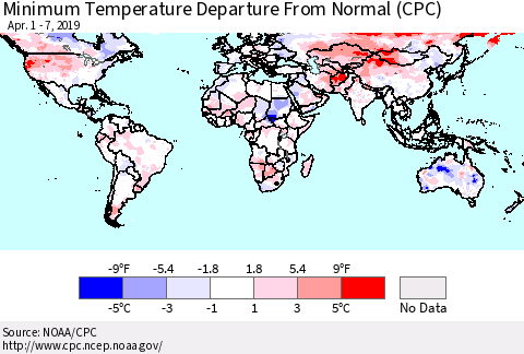 World Mean Minimum Temperature Departure from Normal (CPC) Thematic Map For 4/1/2019 - 4/7/2019