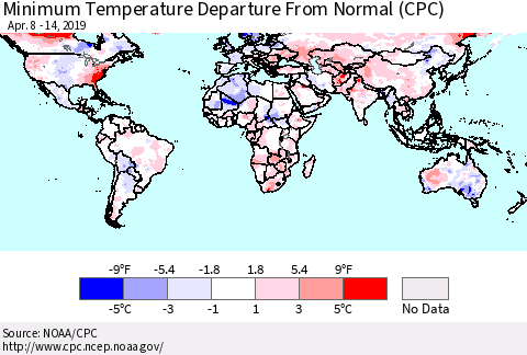 World Mean Minimum Temperature Departure from Normal (CPC) Thematic Map For 4/8/2019 - 4/14/2019