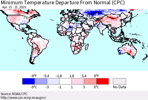 World Mean Minimum Temperature Departure from Normal (CPC) Thematic Map For 4/15/2019 - 4/21/2019