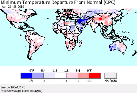 World Mean Minimum Temperature Departure from Normal (CPC) Thematic Map For 4/22/2019 - 4/28/2019