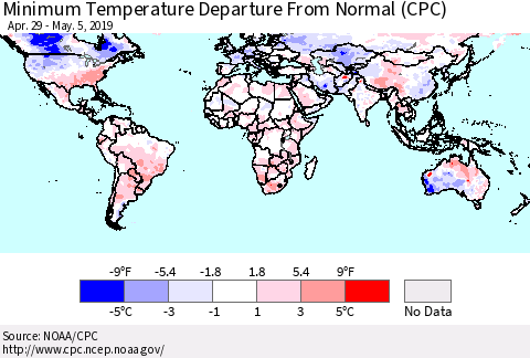 World Mean Minimum Temperature Departure from Normal (CPC) Thematic Map For 4/29/2019 - 5/5/2019