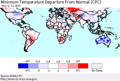 World Mean Minimum Temperature Departure from Normal (CPC) Thematic Map For 5/6/2019 - 5/12/2019