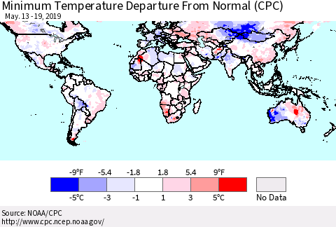 World Mean Minimum Temperature Departure from Normal (CPC) Thematic Map For 5/13/2019 - 5/19/2019