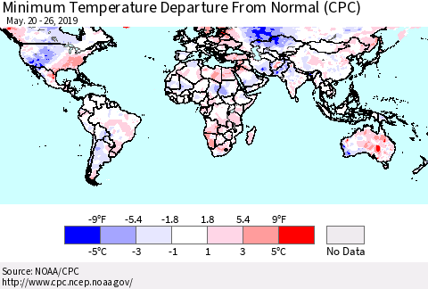 World Mean Minimum Temperature Departure from Normal (CPC) Thematic Map For 5/20/2019 - 5/26/2019
