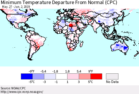 World Mean Minimum Temperature Departure from Normal (CPC) Thematic Map For 5/27/2019 - 6/2/2019