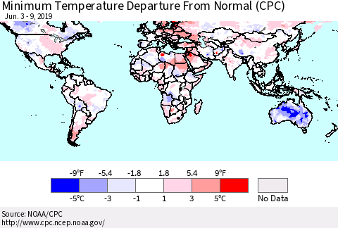 World Mean Minimum Temperature Departure from Normal (CPC) Thematic Map For 6/3/2019 - 6/9/2019