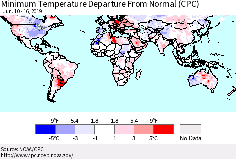 World Mean Minimum Temperature Departure from Normal (CPC) Thematic Map For 6/10/2019 - 6/16/2019