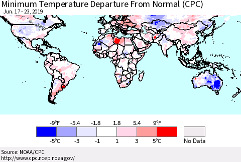 World Mean Minimum Temperature Departure from Normal (CPC) Thematic Map For 6/17/2019 - 6/23/2019