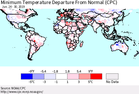 World Mean Minimum Temperature Departure from Normal (CPC) Thematic Map For 6/24/2019 - 6/30/2019