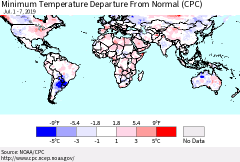 World Mean Minimum Temperature Departure from Normal (CPC) Thematic Map For 7/1/2019 - 7/7/2019