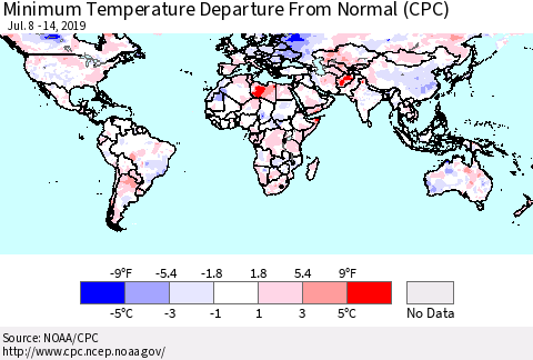 World Mean Minimum Temperature Departure from Normal (CPC) Thematic Map For 7/8/2019 - 7/14/2019
