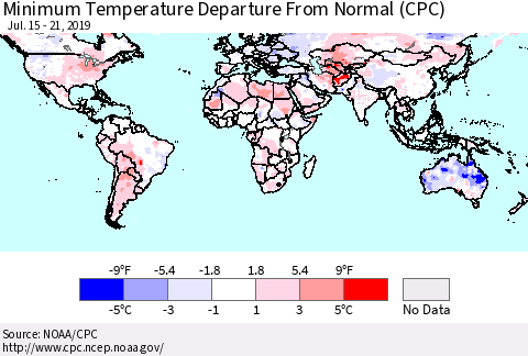 World Mean Minimum Temperature Departure from Normal (CPC) Thematic Map For 7/15/2019 - 7/21/2019