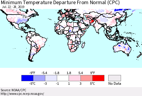 World Mean Minimum Temperature Departure from Normal (CPC) Thematic Map For 7/22/2019 - 7/28/2019