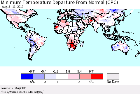 World Mean Minimum Temperature Departure from Normal (CPC) Thematic Map For 8/5/2019 - 8/11/2019