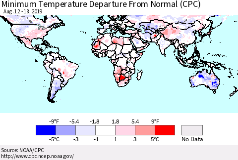 World Mean Minimum Temperature Departure from Normal (CPC) Thematic Map For 8/12/2019 - 8/18/2019