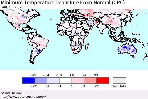 World Mean Minimum Temperature Departure from Normal (CPC) Thematic Map For 8/19/2019 - 8/25/2019