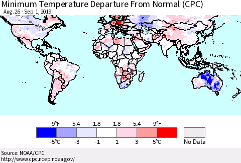 World Mean Minimum Temperature Departure from Normal (CPC) Thematic Map For 8/26/2019 - 9/1/2019