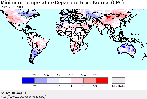 World Mean Minimum Temperature Departure from Normal (CPC) Thematic Map For 9/2/2019 - 9/8/2019