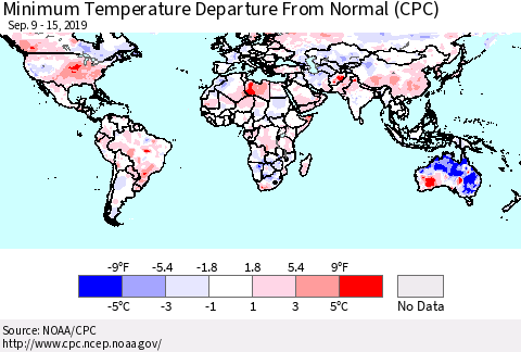 World Mean Minimum Temperature Departure from Normal (CPC) Thematic Map For 9/9/2019 - 9/15/2019