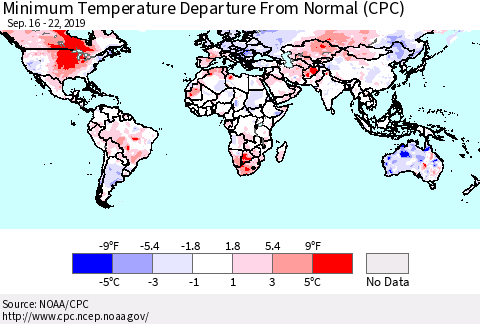 World Mean Minimum Temperature Departure from Normal (CPC) Thematic Map For 9/16/2019 - 9/22/2019