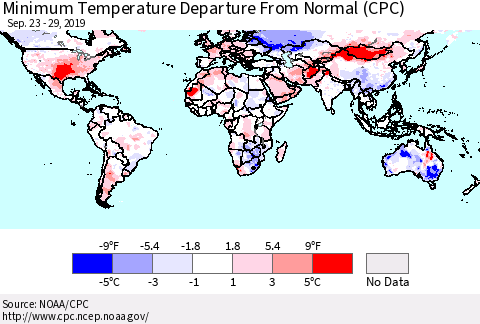 World Mean Minimum Temperature Departure from Normal (CPC) Thematic Map For 9/23/2019 - 9/29/2019