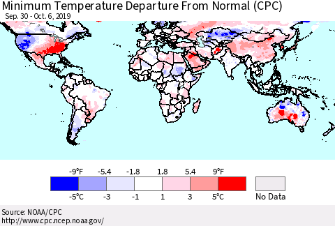 World Mean Minimum Temperature Departure from Normal (CPC) Thematic Map For 9/30/2019 - 10/6/2019
