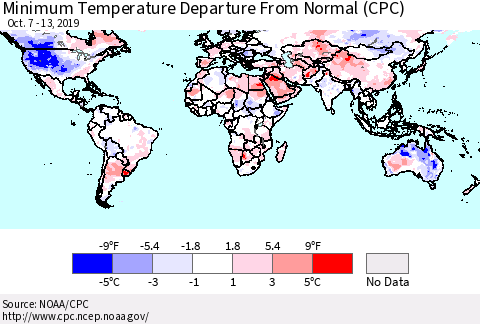 World Mean Minimum Temperature Departure from Normal (CPC) Thematic Map For 10/7/2019 - 10/13/2019