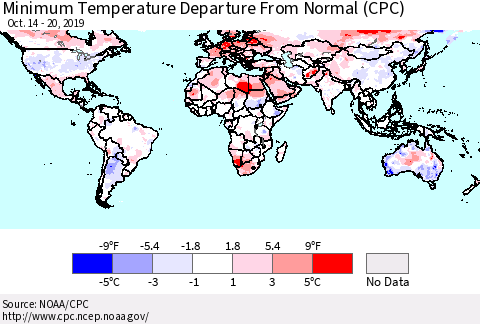 World Mean Minimum Temperature Departure from Normal (CPC) Thematic Map For 10/14/2019 - 10/20/2019
