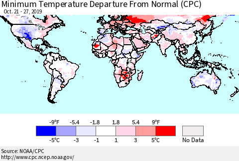 World Mean Minimum Temperature Departure from Normal (CPC) Thematic Map For 10/21/2019 - 10/27/2019