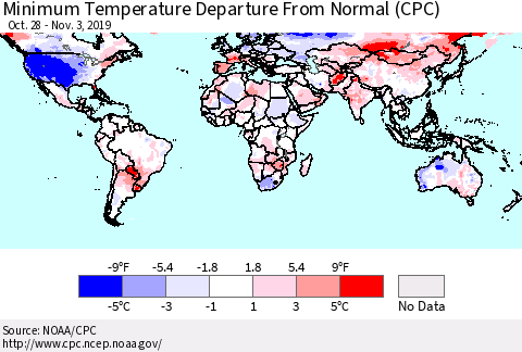 World Mean Minimum Temperature Departure from Normal (CPC) Thematic Map For 10/28/2019 - 11/3/2019