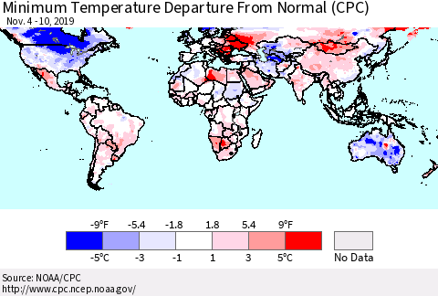 World Mean Minimum Temperature Departure from Normal (CPC) Thematic Map For 11/4/2019 - 11/10/2019