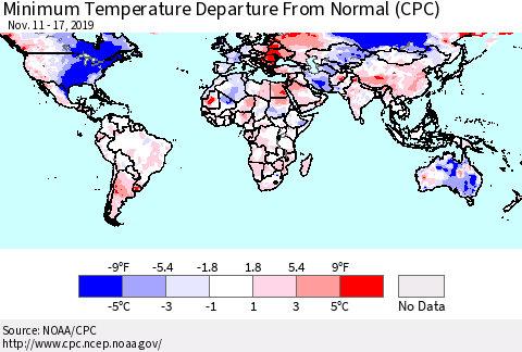 World Mean Minimum Temperature Departure from Normal (CPC) Thematic Map For 11/11/2019 - 11/17/2019