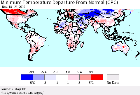 World Mean Minimum Temperature Departure from Normal (CPC) Thematic Map For 11/18/2019 - 11/24/2019